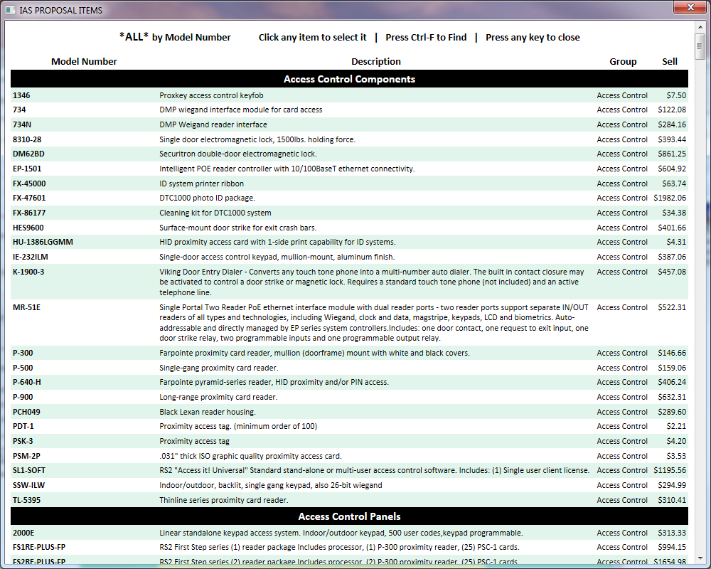 Custom Pop-Up Multi-Column Picklist for a Security Systems Proposal Writer Database